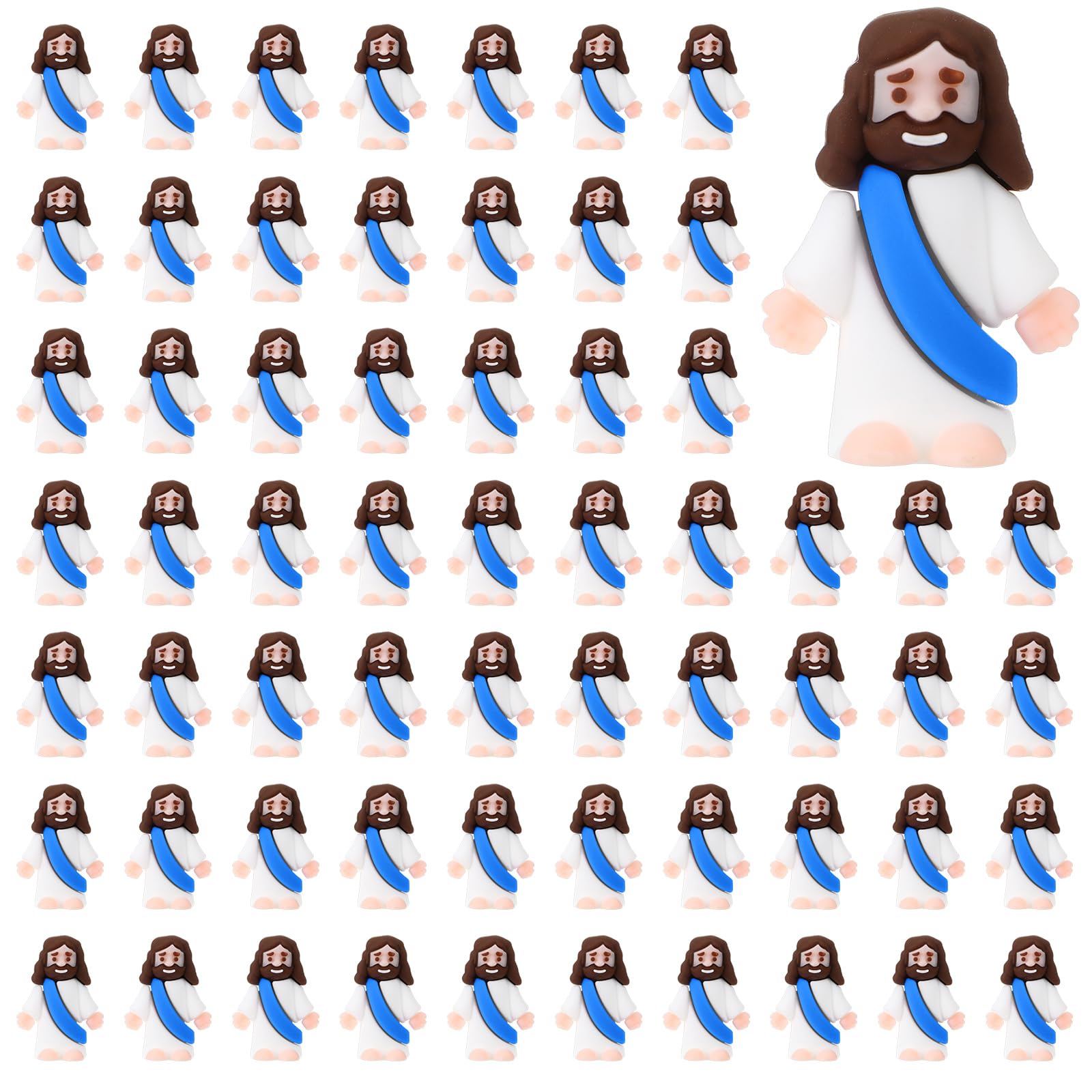 Bememo 100 Pcs Jesus Toys Original Design Mini Rubber Little Jesus Figurine to Hide and Seek Religious Party Favors Sunday School Craft Baptism Gifts for Easter Egg Stuffers(Blue)
