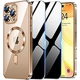 Deekeewe Magnetic Case for iPhone 16 Pro Max with 2 Privacy Screen Protector & Camera Cover [Compatible with MagSafe],Non-Yellowing Plating Glossy Shockproof Phone Case for iPhone 16 ProMax,Gold