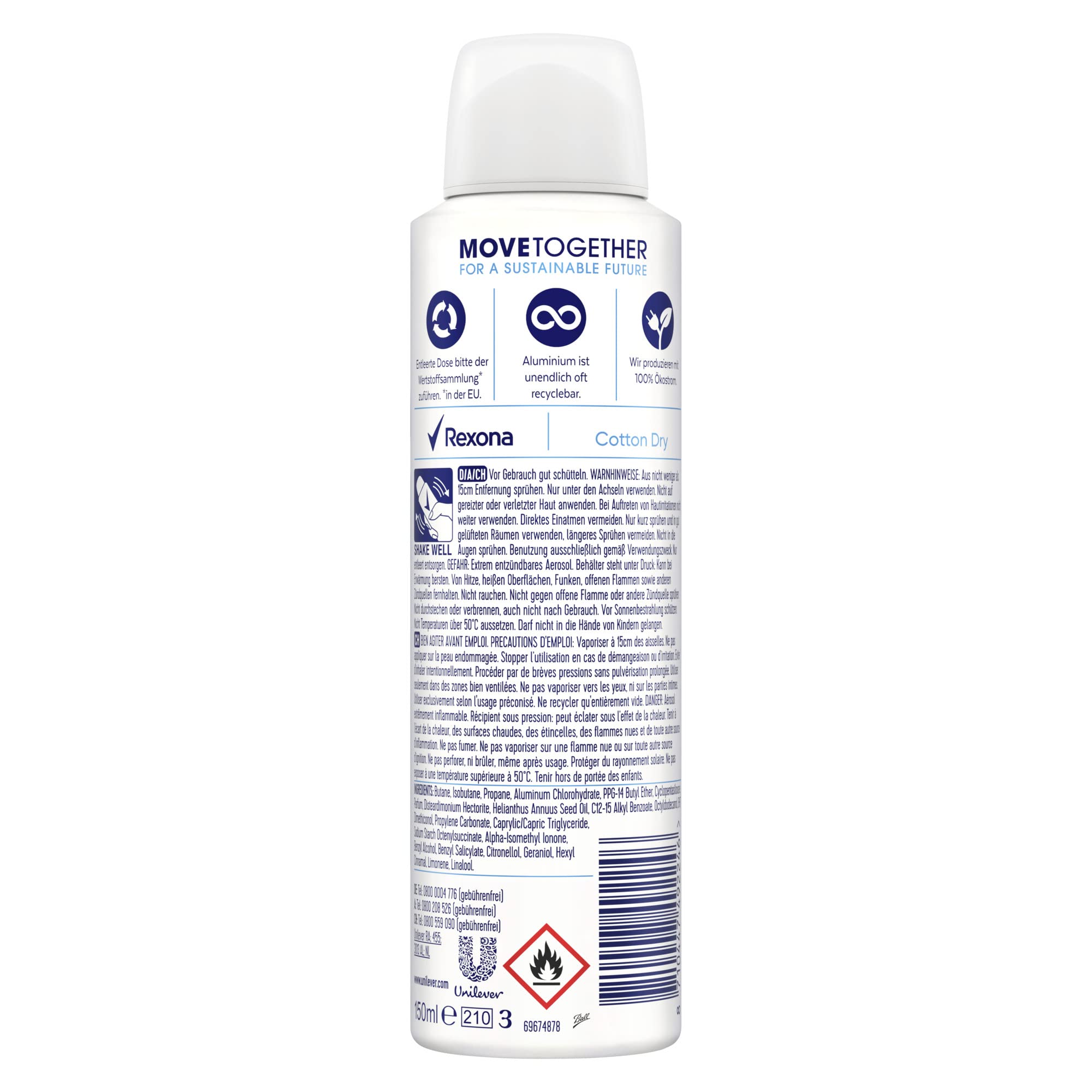 Rexona Women Anti Transpirant Spray Cotton Dry Deospray mit 48 Stunden Schutz gegen Körpergeruch und Achselnässe mit Anti-Transpirant-Technologie 6x 150 ml 7