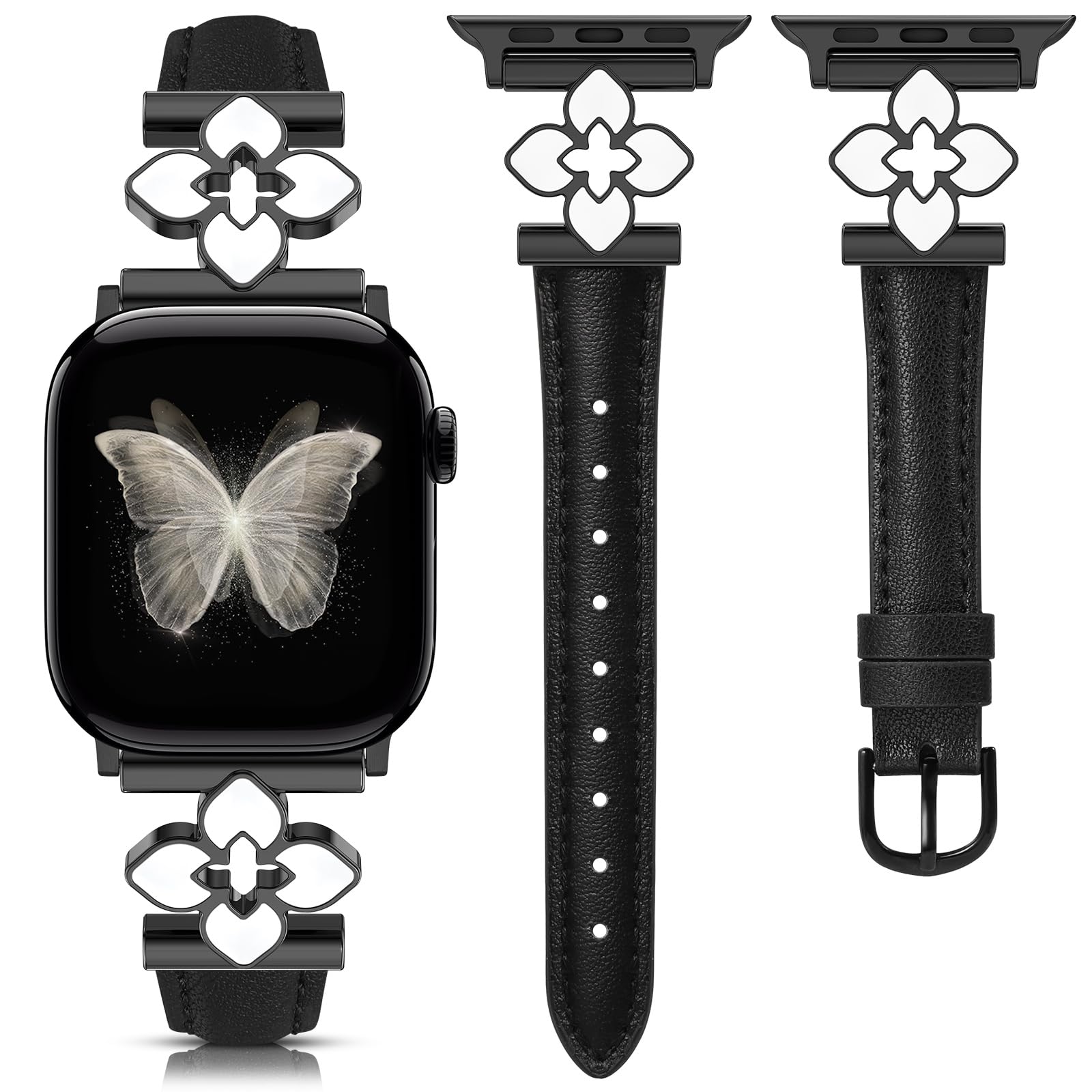 Minyee Compatible with Apple Watch Band 42/44/45/46/49mm for Women, Dressy Chic Soft Slim Thin Top-grain Leather Strap with Dainty Flower Charm for iWatch Series 11 10 9 8 7 6 5 4 Ultra/SE 3 2, Black