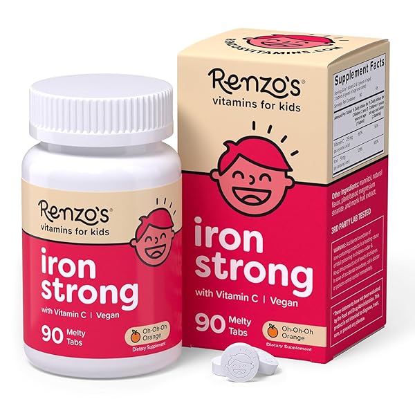 RENZO’S IRON SUPPLEMENTS FOR KIDS, DISSOLVABLE VEGAN IRON SUPPLEMENT WITH VITAMIN C, SUGAR FREE, OH-OH-OH ORANGE FLAVOR, 90 MELTY TABS