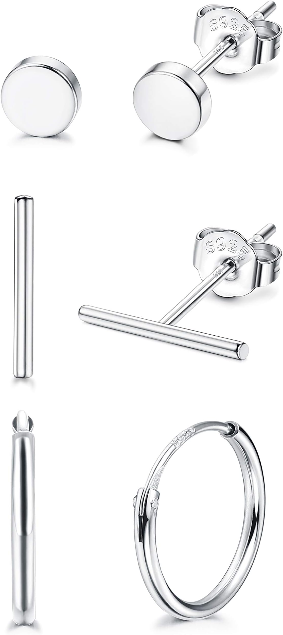 3 Pairs 925 Sterling Silver Tiny Bar Stud Earrings Set for Women Men Dot Round Endless Hoop Earrings Set Hypoallergenic
