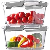 HOMBERKING 4 Pieces 63oz/8cup Large Glass Food Storage Containers with Lids, Meal Prep Containers, Airtight Bento Boxes with Leak Proof Locking (2 Containers 2 Lids), Microwave,Oven,Fridge Safe-Grey