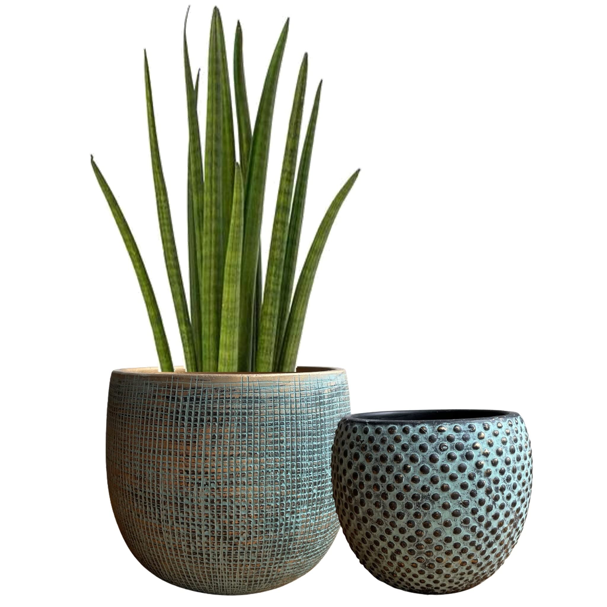 Olly & Rose Ceramic Green Gold Plant Pot Set 2-17 and 14cm Teal Gold Indoor Planters Cement Outdoor Flower Pots — image 1