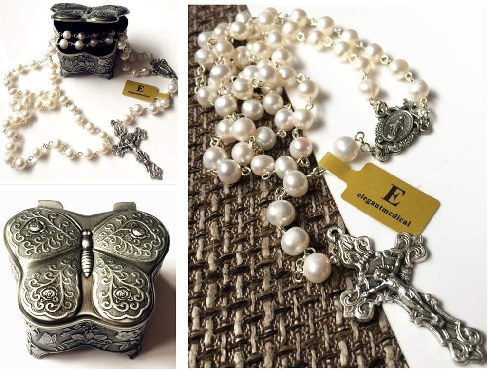 elegantmedical Handmade AAA+7-8MM White Real Pearl Beads Catholic Our Lady Grace Rosary Cross Necklace Box case Womens Girls Gifts
