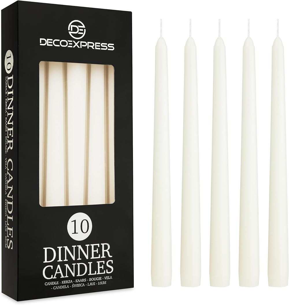 DECO EXPRESS Candles Set 10 Pack White Dripless Tapers 8 Hour Burn Time