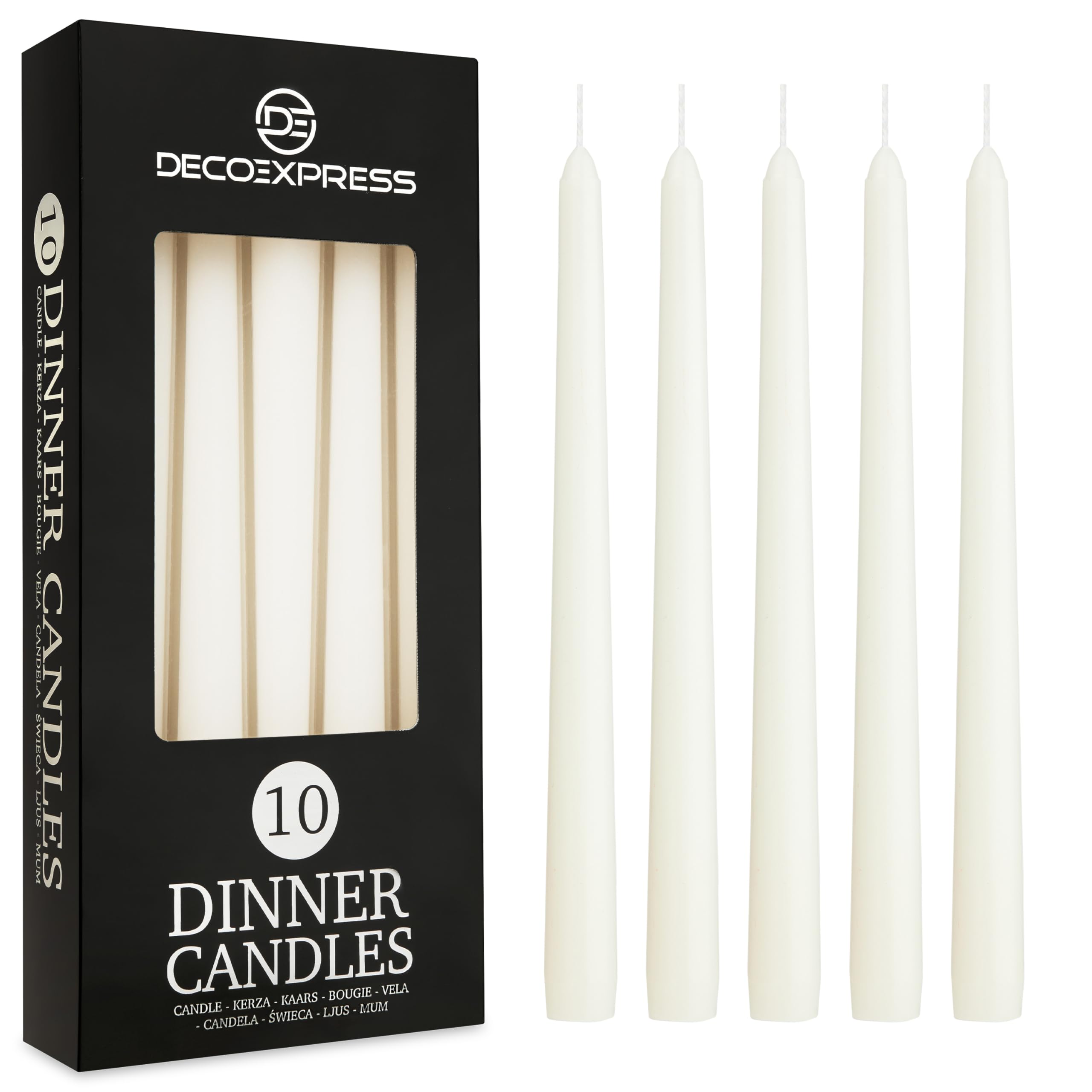 DECO EXPRESS Candles Set, Pack of 10 Classic Dripless Tapered Metallic Dinner Candles, Unscented with 8 Hours Burning Time, Home, Valentine’s Day & Mother’s Day Decor Idea (White, 10 Pack)