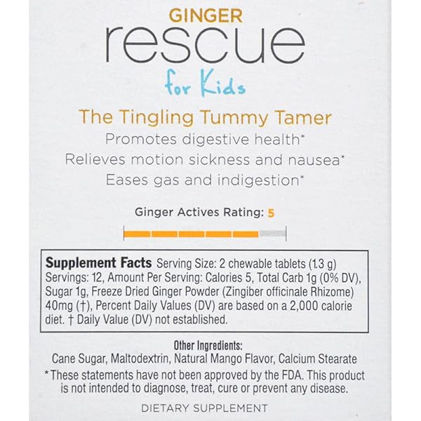 THE GINGER PEOPLE GINGER RESCUE® CHEWABLE TABLETS DRUG FREE DIGESTIVE HEALTH, 5.5 OZ CHEWABLE TABLETS, MIGHTY MANGO FLAVOR, KID FRIENDLY, 0.55 OZ, 24 COUNT (PACK OF 1)