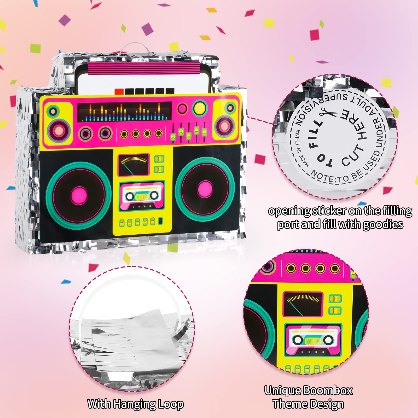 Boombox Pinata with Stick & Hanging Loop Retro 90s Hip Hop Mexican Pinata Game for Back to the 80s Party Nostalgia Large Radio Gifts 70' Theme Birthday Party Decorations Supplies