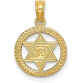 14k Yellow Gold Star of David Pendant with Textured Round Border and Hebrew Chai Symbol, Jewish Faith Necklace for Men or Women, Religious Jewelry for Spiritual Life and Heritage Expression