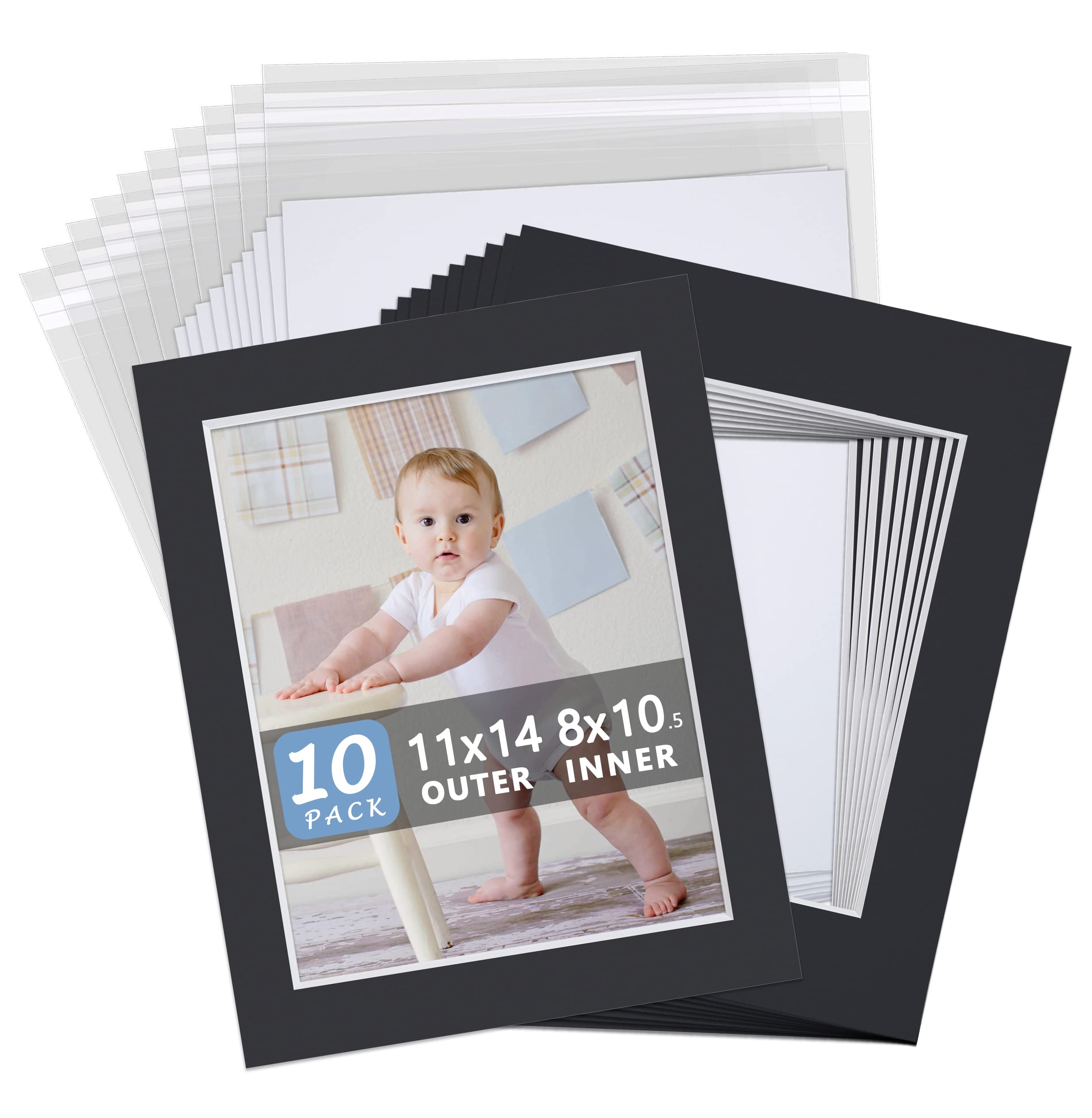 Photo 1 of Somime 10 Pack Black Picture Frame 11x14 Mat Board,White Core Bevel Cut Mats 8.5x11, Whole Frame Mat Kit Includes 10 Picture Photo Mattes & 10 Backings & 10 Krystal Sleeve Bags