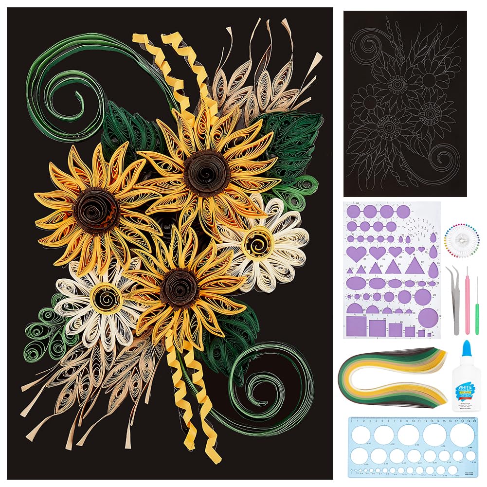 WEBEEDY DIY Paper Quilling Kit Sunflower Greeting Card Making Kit with Quilling Strips Board and Tools, Papers Art & Craft Supplies for Beginners Handmade Paper Crafts Wall Room Decor Gift, 21×27.9cm