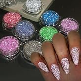 Fcozpjk Reflective Glitter Powder Set 8 Colors Sparkle Diamond Nail Glitter | Reflective Silver Pink Purple Green Loose Glitter for Nails Shiny Sugar Nail Powder Dipping Pigment Dust Nail Salon Supplies