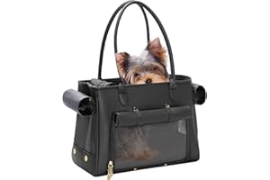 MINSONG Fashion Pet Carrier Purse for Small Cat and Dog, Luxury Pu Soft-Sided Tote Bag with Large Pockets for Dogs and Puppies (Black, 15.8" L x 7.5" W x 11.8" H)