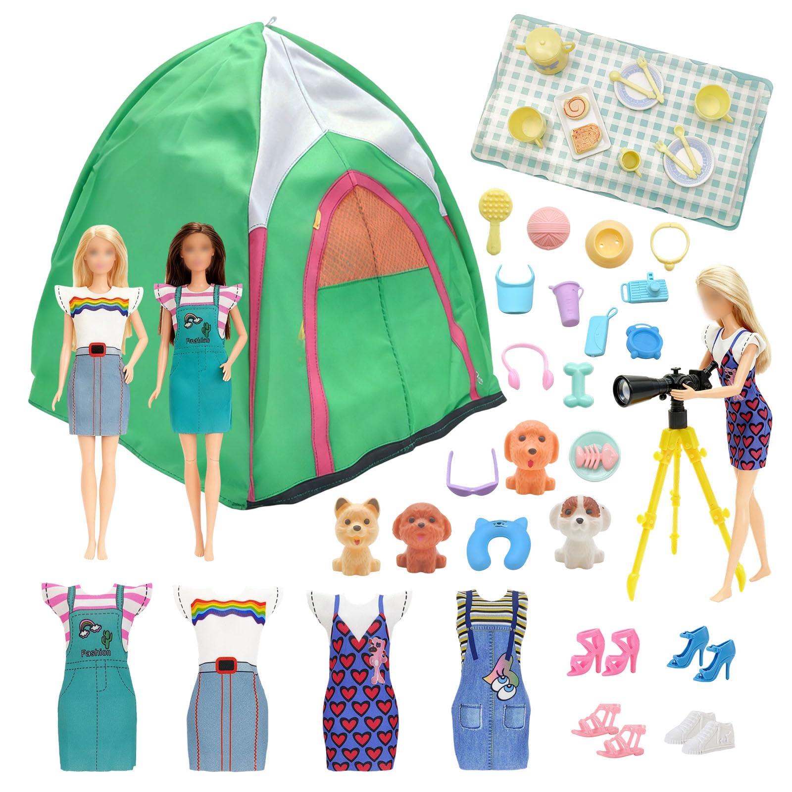 43 Pcs Dolls Travel Camping Tent Compatible with Barbie, 11.5 Inch Dolls Accessories with 1 Doll Tent 4 Dress 4 Shoes 4 Mini Puppy 7 Pet 1 Supplies Binoculars 14 Afternoon Tea 8 Travel Goods