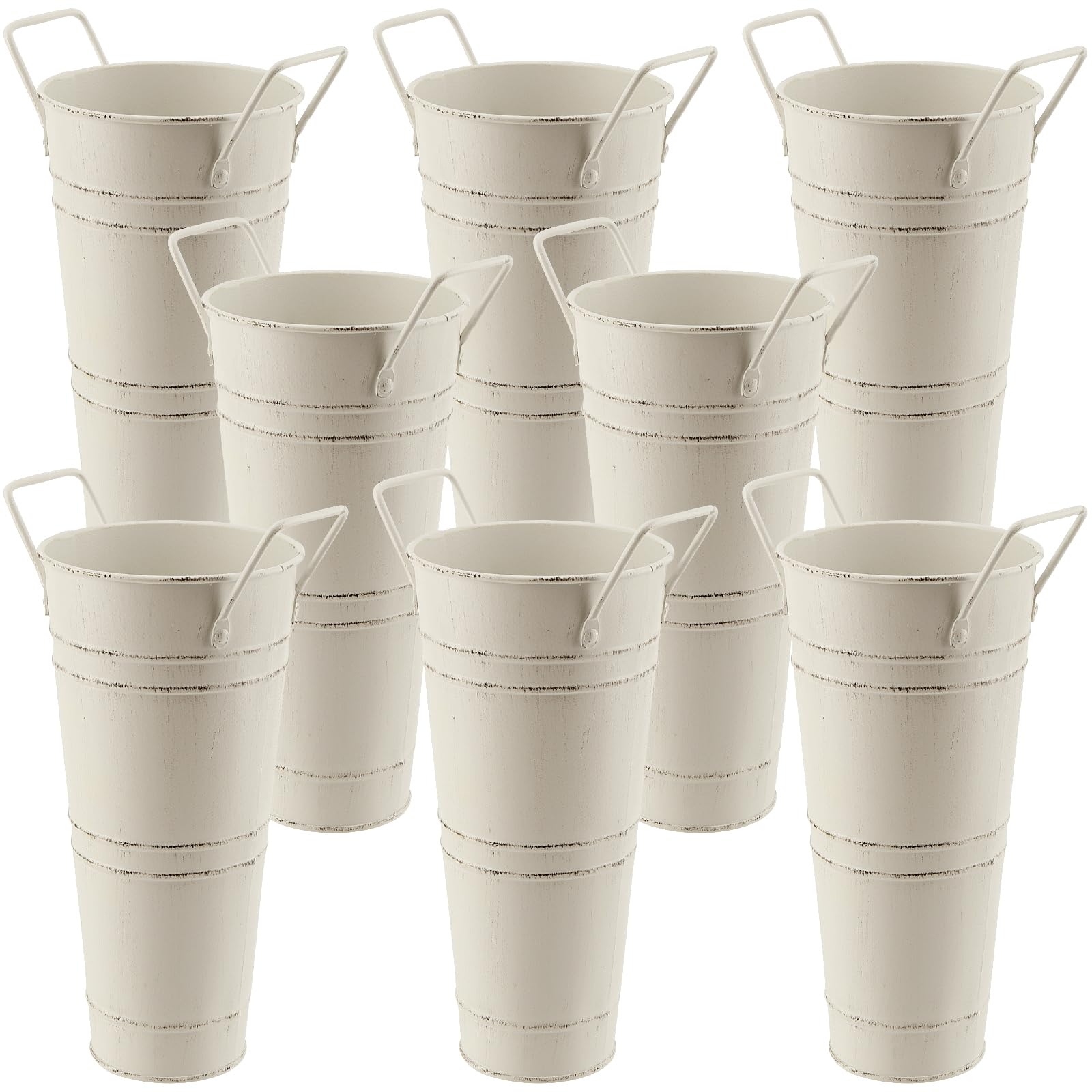 Photo 1 of ZEONHEI 8 Pack 9 Inch Tall Galvanized Flower Bucket, Beige Farmhouse French Flower Bucket with Handle, Rustic Vintage Metal Vases for Flower, Centerpieces, Floral Wedding Arrangements