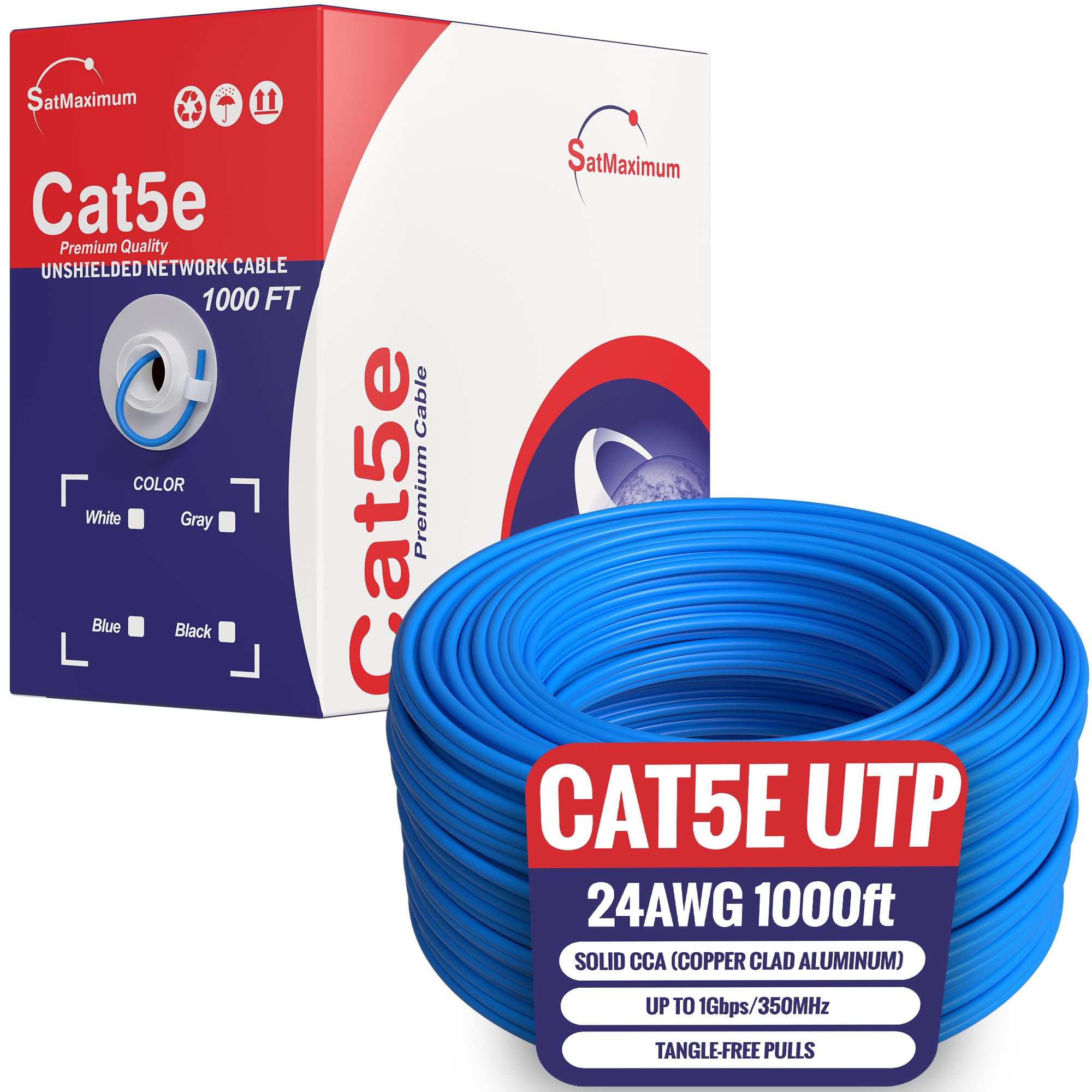 1000ft Cat5e Solid 24AWG Cable UTP Cat5 Bulk Pull