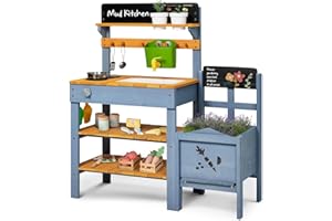 Mud Kitchen with Planter Box, Outdoor Play Pretend Toy with Stoves, Removable Sink, Faucet, Blackboard, Cooking Accessories &