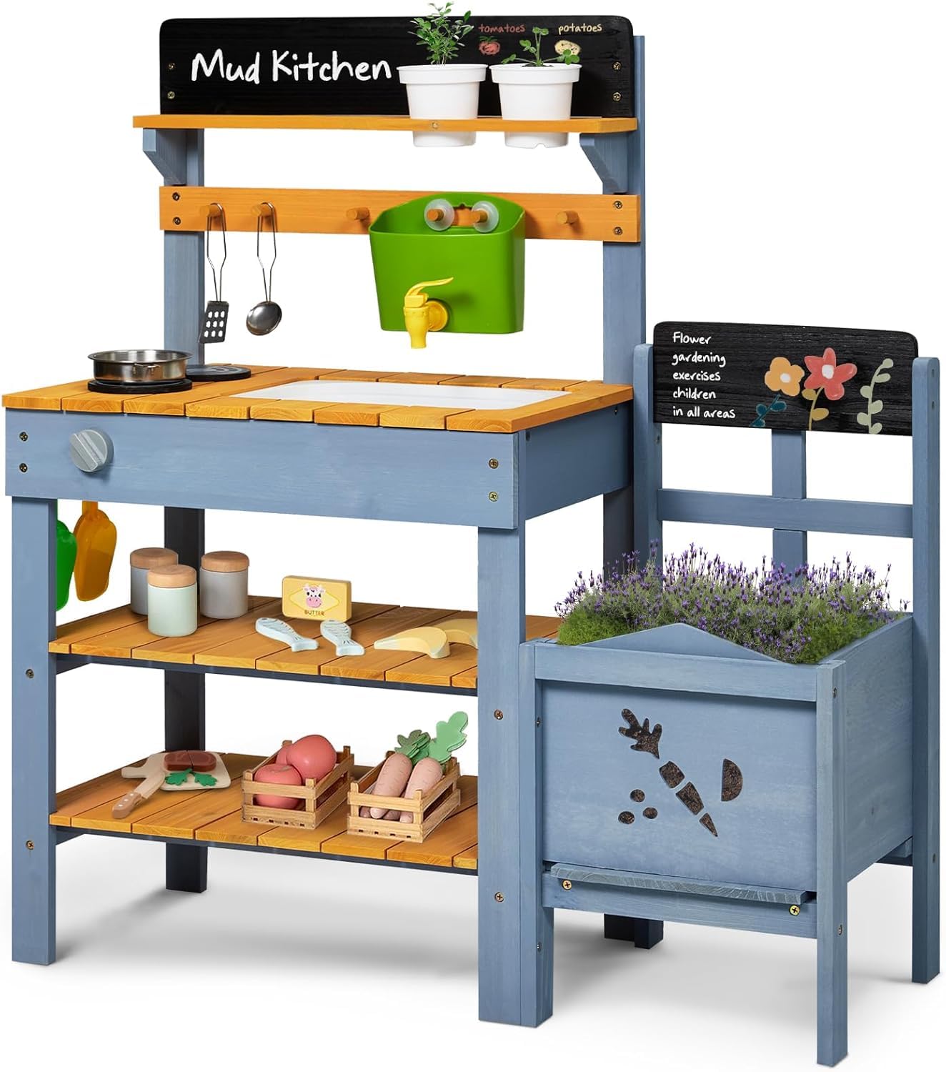 Mud Kitchen with Planter Box, Outdoor Play Pretend Toy with Stoves, Removable Sink, Faucet, Blackboard, Cooking Accessories & Gardening Tools Set, Wooden Kids Kitchen for Boys Girls 3-8 Years Old