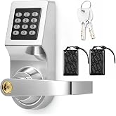 Hicarer 1 Pack Commercial Keypad Door Lock with Handle, Silver | 3-in-1 Password Card Key Entry, Standalone Digital Lock, Stainless Steel Electronic Lever for Office Apartment Warehouse Door