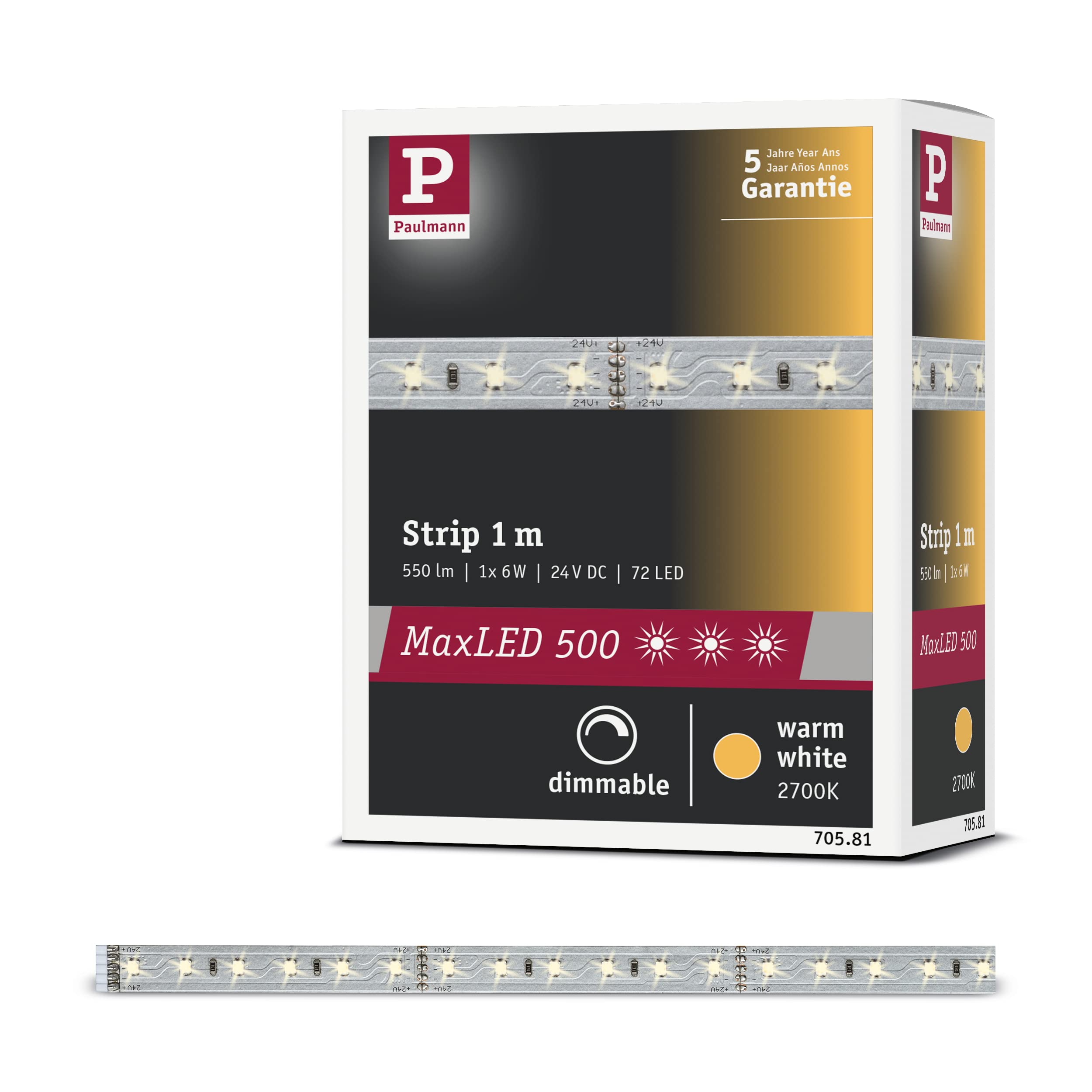 Paulmann 70581 MaxLED 500 Strip 1 m 2700 K Warm White LED Strip uncoated 7W Lighting Strip 550 lm Light Strip 72 LEDs 24 V