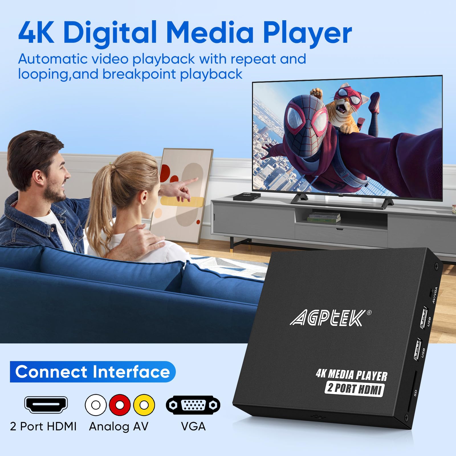 4K@30Hz Media Player with Dual HDMI, AV/VGA Output, 4K HDMI Splitter, Digital MP4 Player for 14TB HDD/512G USB/256G SD Card/H.265 MP4, Remote Control for MP3 AVI