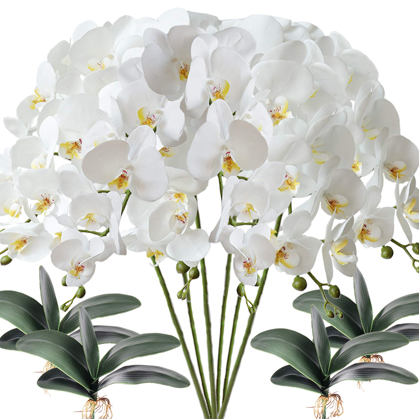 FagusHome 6 Pcs Artificial Phalaenopsis Flowers with 4 Bundles Leaves Artificial Orchid Flowers Stem Plants for Home Décor