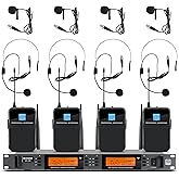 MIZISNR 4 Channel Wireless Lapel Microphone System, UHF Metal Receiver Headset Lavalier Mics Set with 4x100 Adjustable Frequency 300ft Range for Church Karaoke Meeting Preaching(4 Bodypack, UG-240)