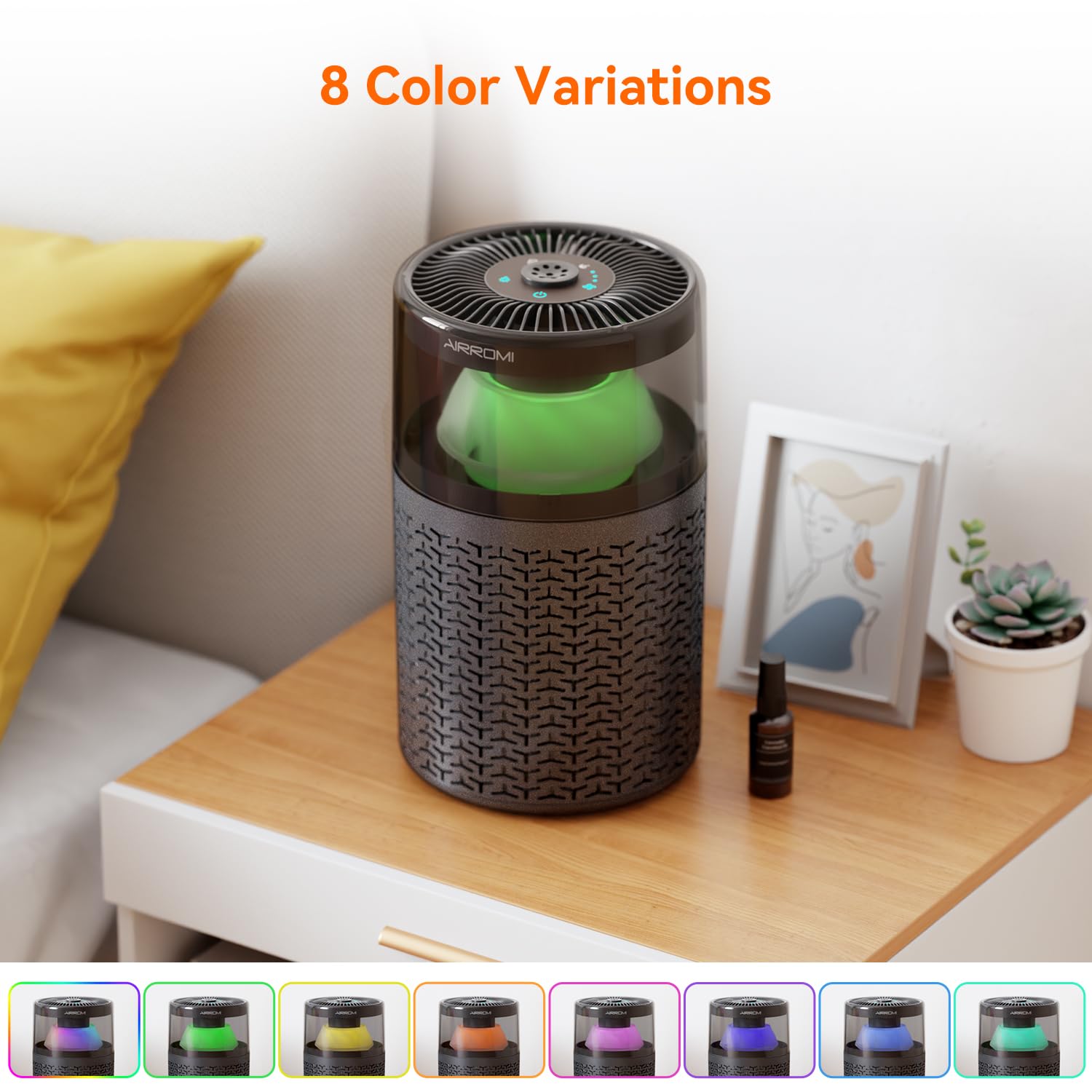 AIRROMI Air Purifiers for Bedroom Home,Up to 658 Ft²,Activated Carbon Filter Cleaner,With Fragrance Sponge for Better Sleep,Night Light,Pet Dander,Allergies,Smoke,Odor,Desktop Air Cleaner A2002 Grey