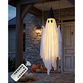 5FT Halloween Swinging Ghost Outdoor Decor,Spooky Hanging Ghost Decorations | 5FT Height, LED Lights &amp; Remote Control, Timer Function, Waterproof, Solid Wood, Rope Adjustable, Porch Yard Lawn Tree Decor