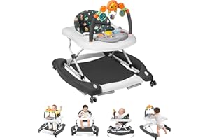 RefoereBabe Baby Walker, 5 in 1 Baby Walkers for Boys Girls 6-12 Months, Foldable Walkers for Babies with Bouncer & Feeding Tray, Music, Adjustable Heights, Activity Walker for Infant