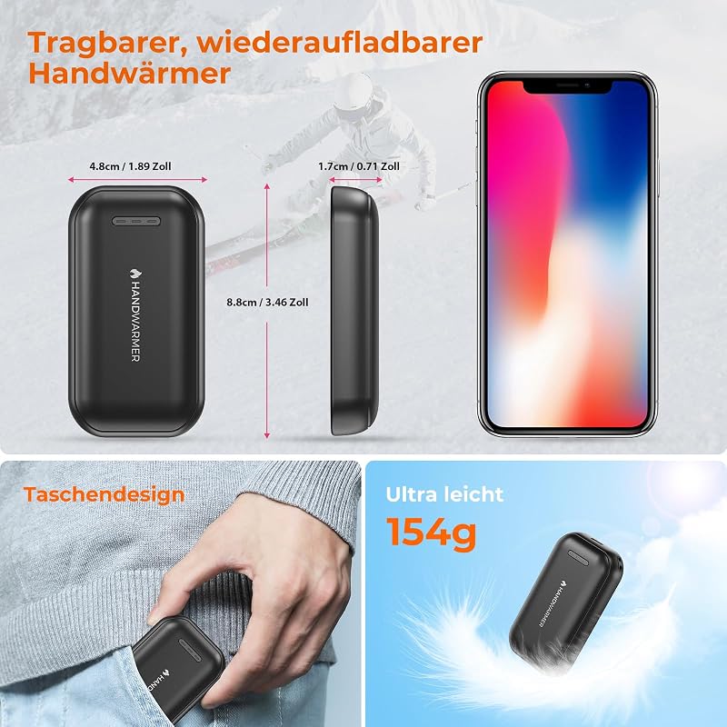 Handwärmer Elektrisch - 2er-Pack 6000mAh Magnetischer Taschenwärmer, USB-C Elektrische Handwärmer Wiederaufladbar Schnellheizung,3 Heizstufen Bis 55°C,für Outdoor,Golf,Camping,Raynaud (Schwarz)
