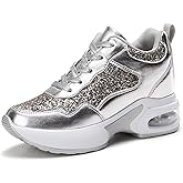 LIOERDIWE Wedge Sneakers for Women High Heel Hidden Platform Sneakers Fashion Glitter Wedding Shoes for Bride Increasing 3 inch