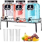 Lallisa 3 Pcs 2 Gallon Glass Drink Dispenser with Stand and Lid Mason Jar Beverage Dispenser with Stainless Steel Spigot, Hanging Chalkboard Signs, Fruit Infuse, Ice Cylinder, Liquid Pen (Black)