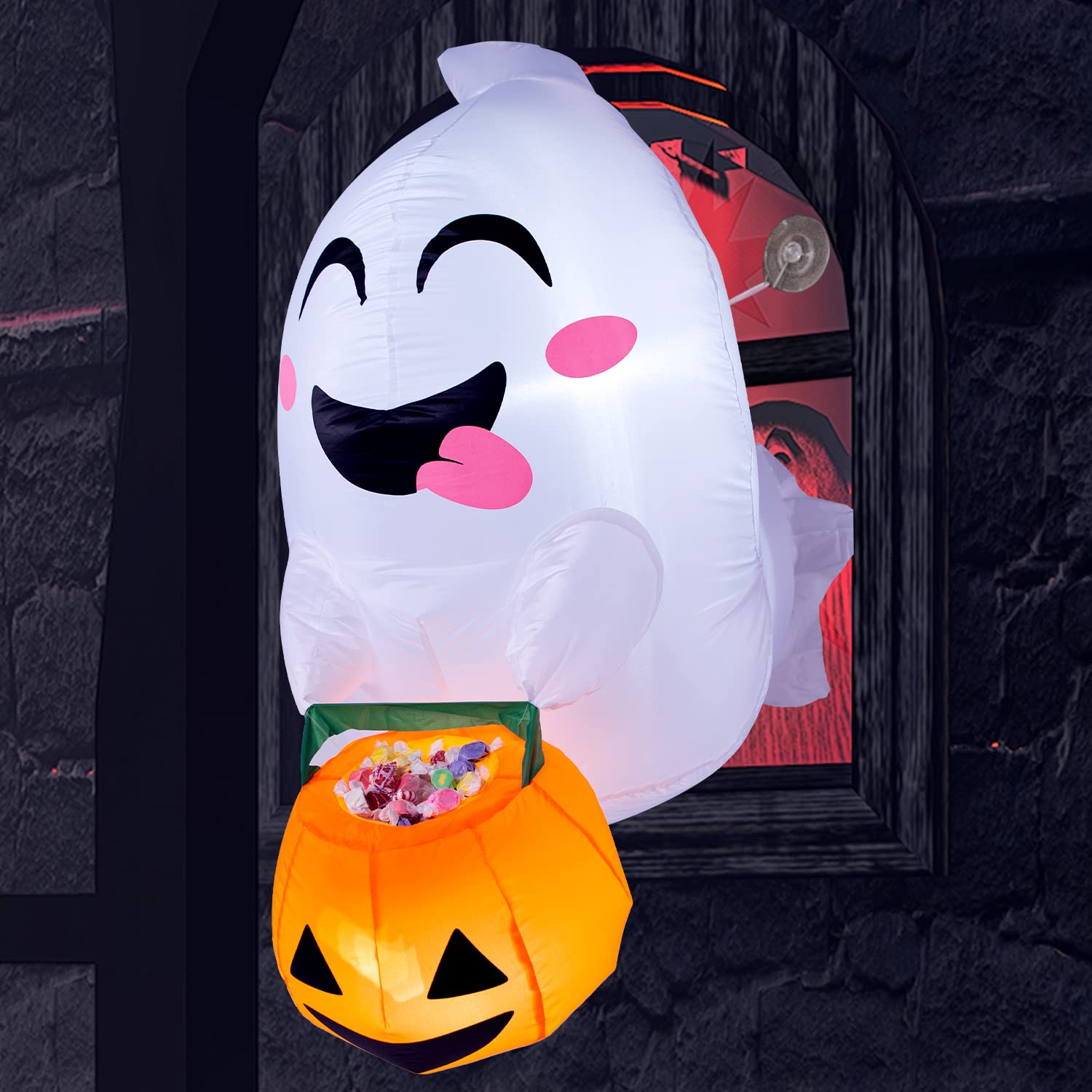Photo 1 of Joiedomi 4.5 ft Tall Halloween Inflatable Outdoor Decorations, Blow Up Halloween Yard Decorations Inflatable Window Ghost Decor, Blow Up Ghost with Candy Basket for Window Decor