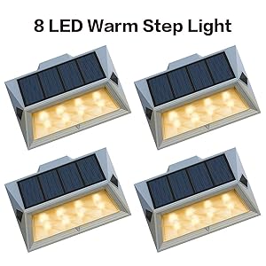 Roopure?Newest Version Warm 8 LED?Warm White Solar Step Lights Outdoor Decorative Solar Deck Lights Wireless Waterproof Lighting for Stair Garden Wall Paths Patio Decks Auto On/Off 4 Pack