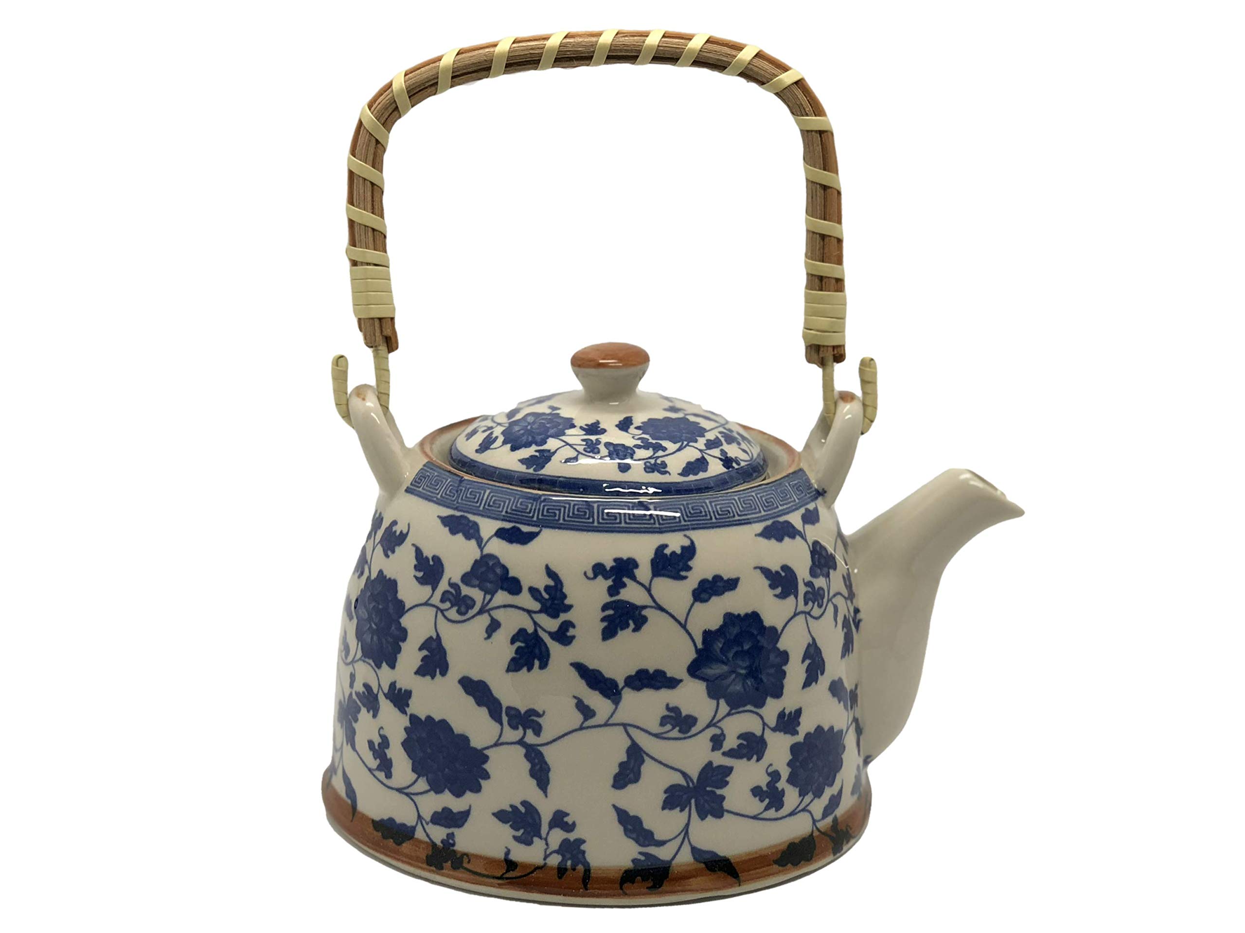 Ceramic Teapot With Stainless Steel Infuser and Lid, Blue and White Leaves Pattern, Glossy Finish, Natural Bamboo Handle, 31 Fl.Oz. /900 Milliliter