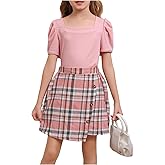 Milumia Girl's Two Piece Outfits Ruffle Trim Short Sleeve T Shirt and Plaid Skirt Sets