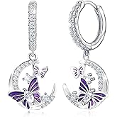 CZ Moon and Butterfly Earrings for Women S925 Sterling Silver Enamel Purple Butterfly Animal Dangle Hoop Earrings Moon Jewelry Birthday Anniversary Valentines Gifts for Wife Girlfriend Mom