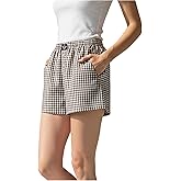 winkbay Women's Y2k Gingham Wide Leg Boxer Shorts Cute Button Front Elastic Waist Lounge Shorts