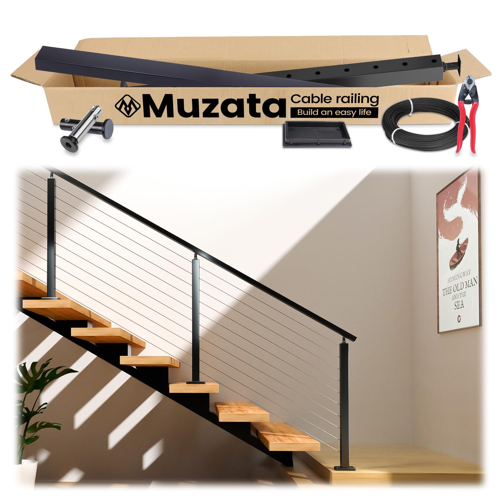 Photo 1 of ***PARTS ONLY****Muzata 3'-6'6" Black Complete Cable Railing Kit for Stairs 42 Inch Cable Railing System with Post Handrail Length Adjustable Easy DIY with User Guide Complete Set RCS1 BA4L