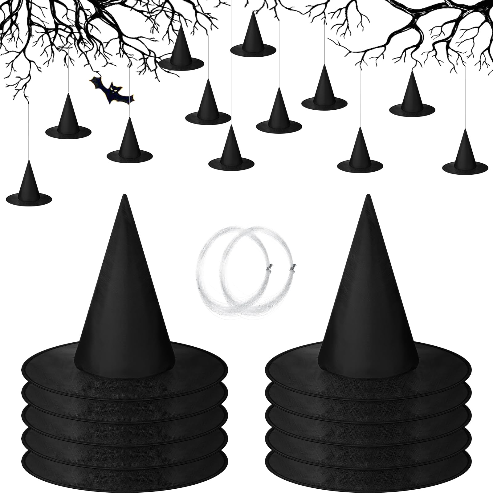 SATINIOR 12 Pcs Halloween Witch Hat Hanging Decor Floating Witch Hat with Rope Accessory and Transparent Seamless Hooks