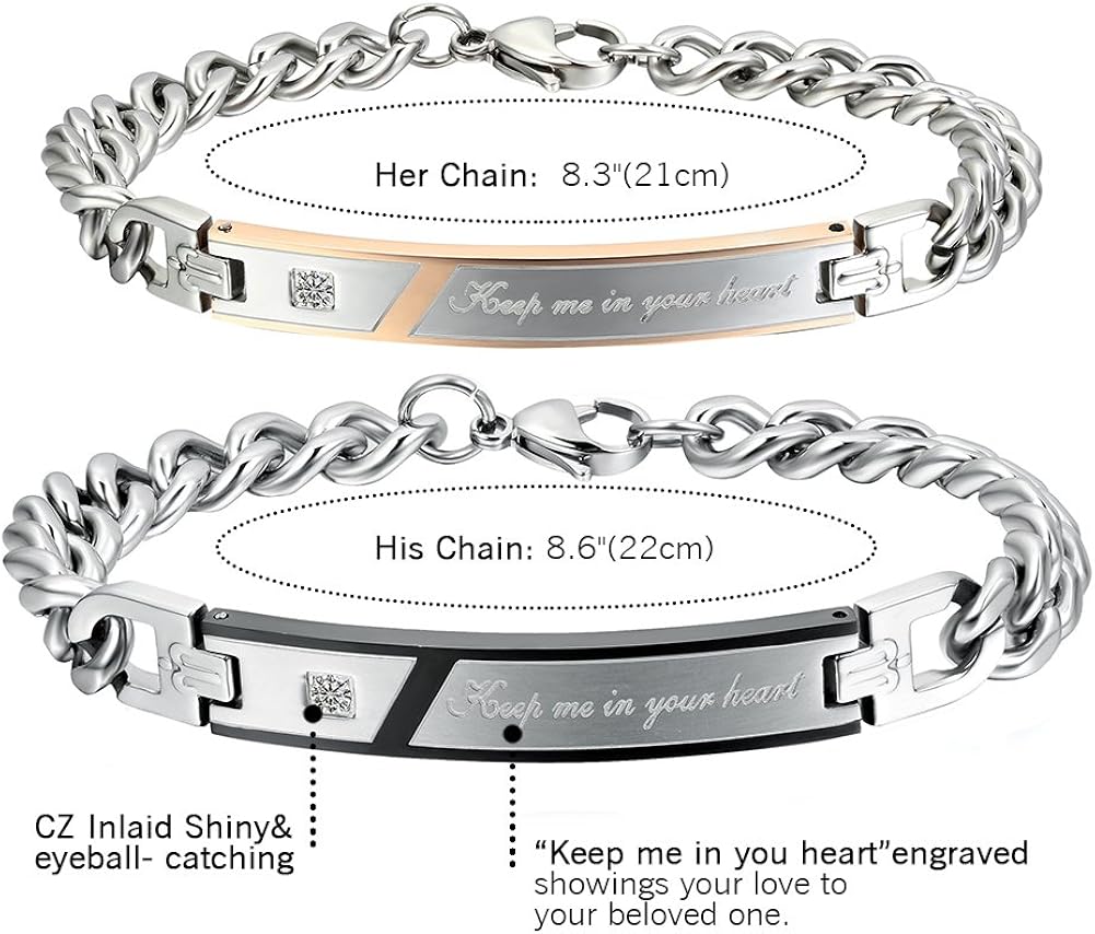 Cupimatch 2PCS Couples Bracelets Set Stainless Steel Keep me in Your Heart Matching Identification Valentine Engagement Gift Link Bracelet for Men Women - Image 4