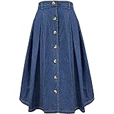 HERBATOMIA Pleated A-line Midi Skirt Elastic Waist Button Front Casual Flared Long Skirts with Pocket for Women
