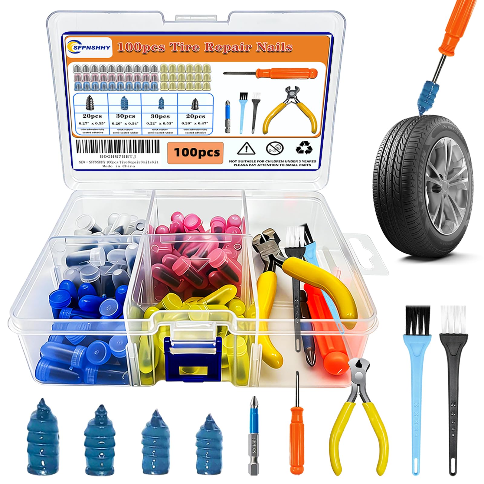 Photo 1 of 100pcs Tire Repair Rubber Nails Kit With 4 Sizes, Fast Tire Repair Tools, Vacuum Tire Repair Rubber Nail, Spiral Tire Screw Plugs, Tire Repair Kit, Suitable For Cars, Motorcycles, Bicycles And Jeeps