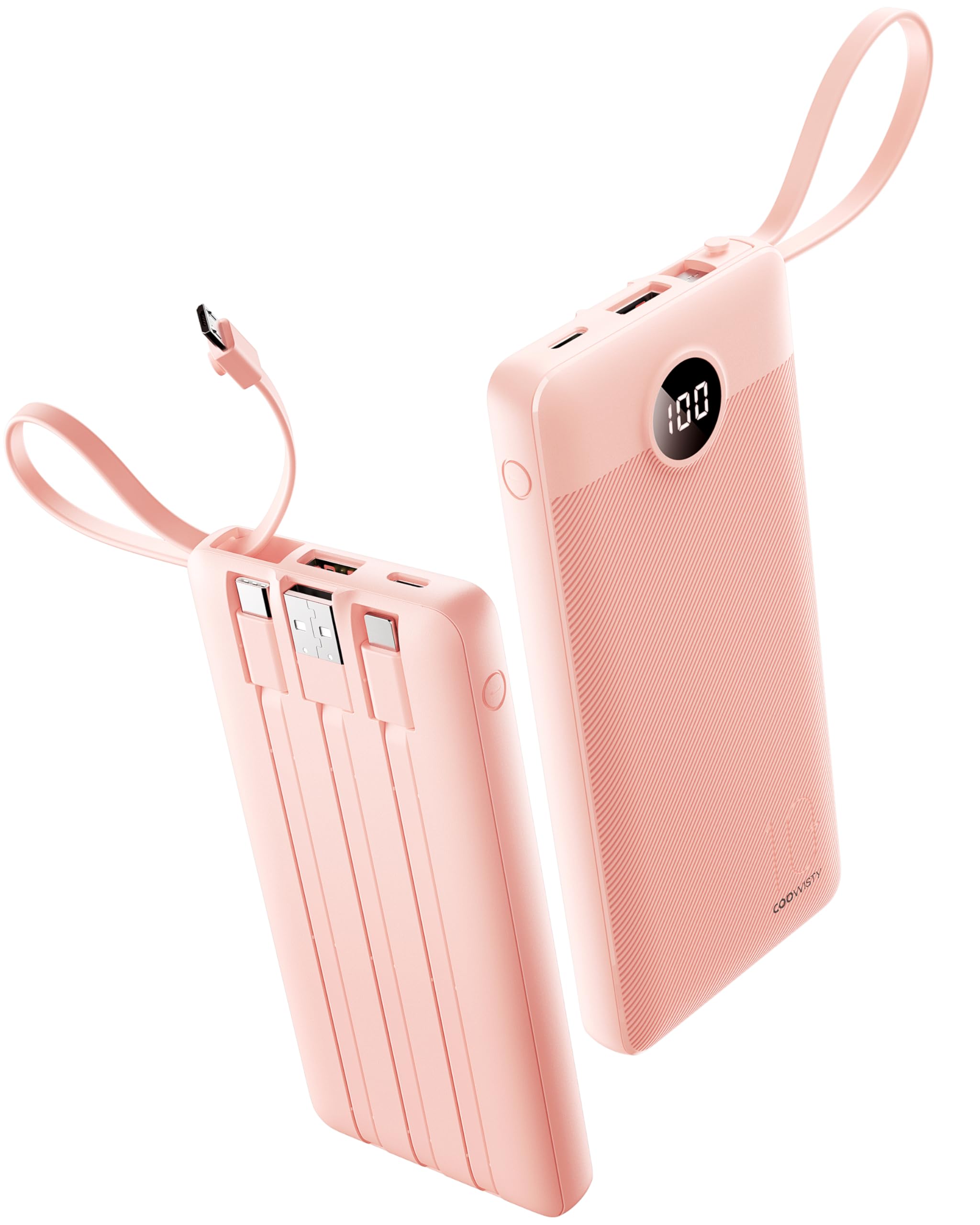 Coowisty Portable Phone Charger, Slim 10000mAh Travel Essentials Power Bank with Cords Wires, Battery Pack 5 Outputs 2 Inputs LED Display Compatible with iPhone/Android & More (Pink)