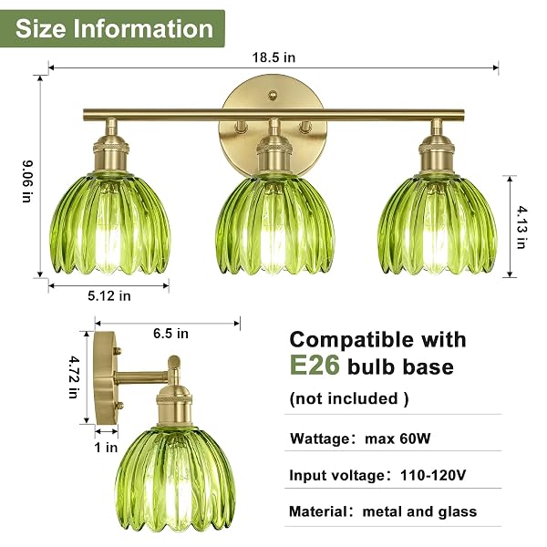 KVHIIW VINTAGE BATHROOM LIGHT FIXTURES,3-LIGHT HARDWIRED VANITY LIGHTS WITH GREEN TULIP GLASS SHADE,GOLD BATHROOM VANITY LIGHT FOR MIRROR RESTROOM,E26 SOCKET,18.5 IN(BULBS NOT INCLUDED)