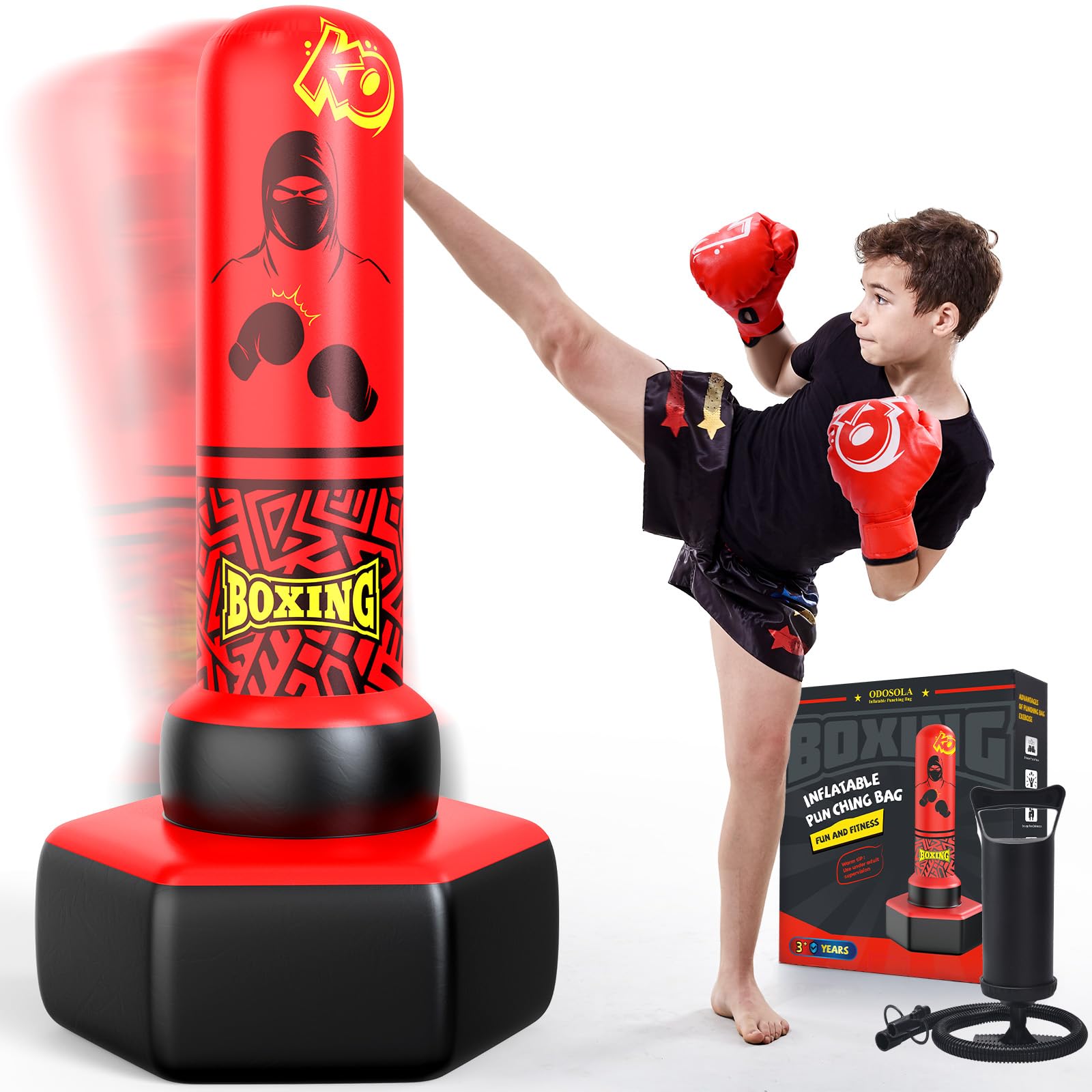 Photo 1 of ODOSOLA 67'' Inflatable Punching Bag Freestanding for Kids Aged 3-12 – Heavy Duty Boxing Set for Karate & Taekwondo, Stable Boxing Bag Active Kids Toy, Christmas Birthday Gift for Boys and Girls, Red
