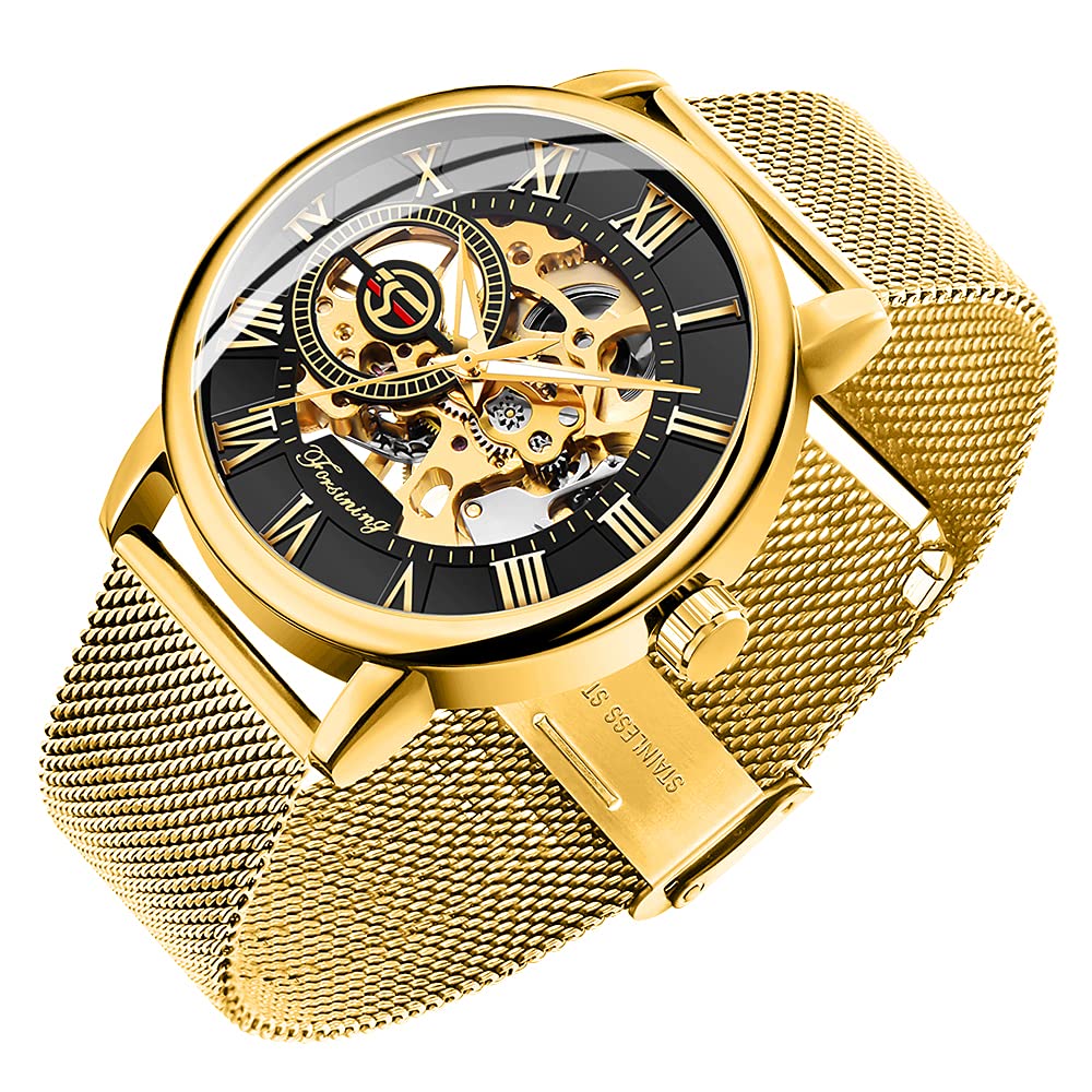 Photo 1 of Dentily Classic Mens Watches Roman Numeral Mechanical Watch Hand-Wind Skeleton Steampunk Watch for Men, Gold&Black