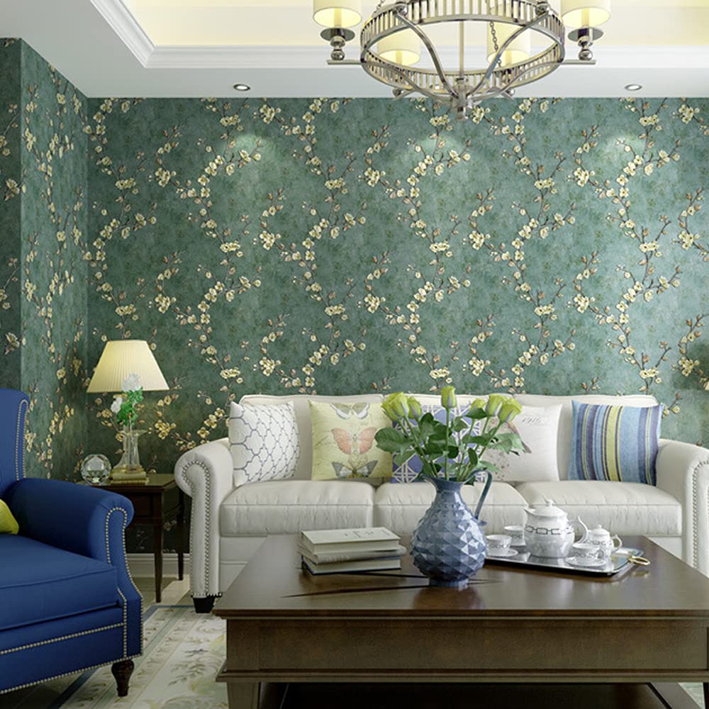 MEAIHOME American Country Non-Woven Wallpaper 3D Retro Pastoral Flower Tree AB Version with Bedroom Living Room Children's Room TV Background Wall 1.73'W x 32.8'L Non-Pasted (Dark Green A)